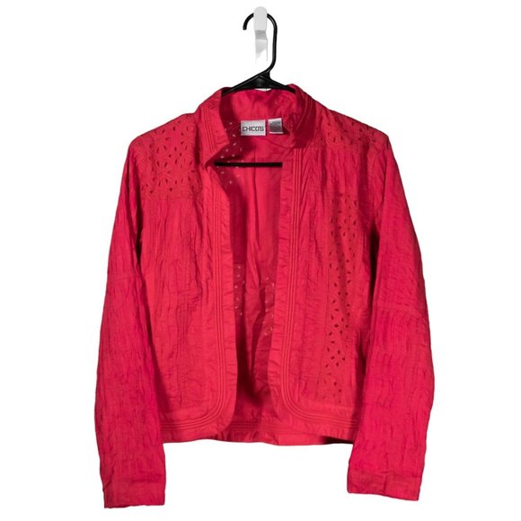 Chico's Women's Jacket Pink Embroidered Open Front Textured Eyelet Lined 0 S/4 - Picture 1 of 9